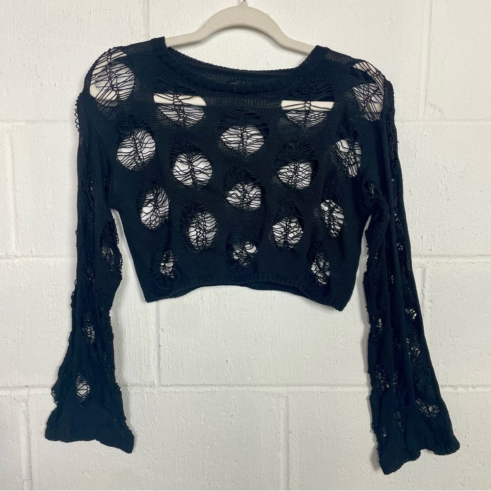 Black Cropped Sweater Distressed Whimsigoth Dark Fairy Edgy Rocker Punk Goth S